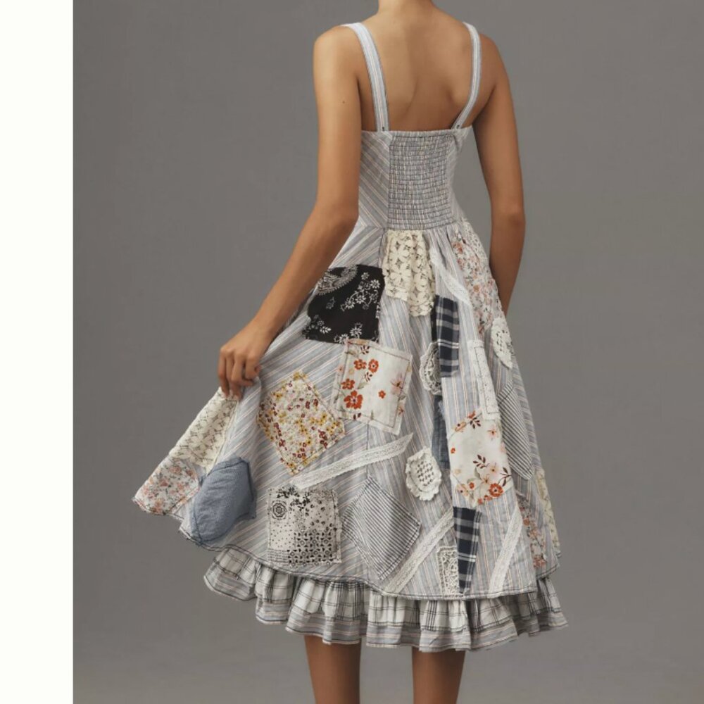 Anthropologie Pilcro Jenna Scoop Neck Drop-Waist Patchwork Dress Boho Cinderella - Picture 2 of 16